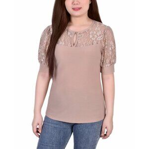NY Collection Petite Puff Sleeve Lace Top Beige Size PXL